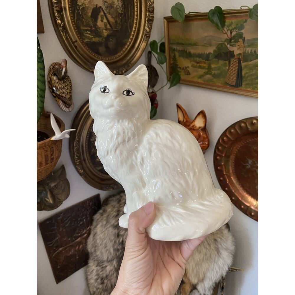 Vintage Ceramic Cat Sitting White Persian Kitten Figure Cottagecore Decor
